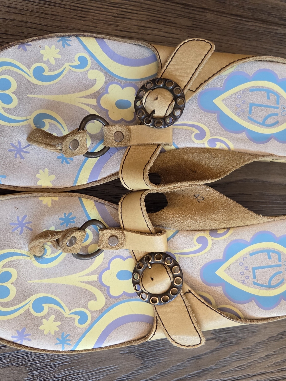 Fly London Yali Leather Sandals Tan Blue Floral Platform Wedge EU 42 - Picture 2 of 5